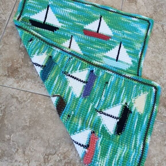 Handmade Crochet Sailboats Baby Blanket 23"x34" Nautical Blue Green Afghan Throw - Picture 3 of 7